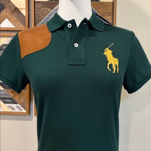 Vintage Ralph Lauren Suede Patch Big Pony Logo Polo Top Dark Green Small NWT - Picture 2 of 10